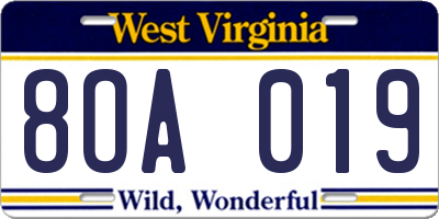 WV license plate 8OA019