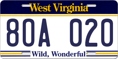 WV license plate 8OA020