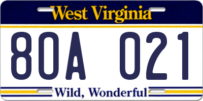 WV license plate 8OA021