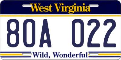 WV license plate 8OA022
