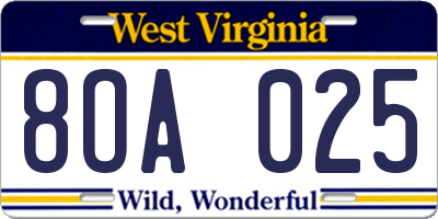 WV license plate 8OA025