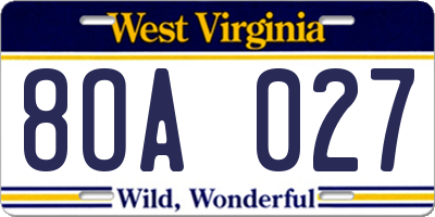 WV license plate 8OA027