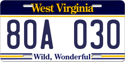 WV license plate 8OA030