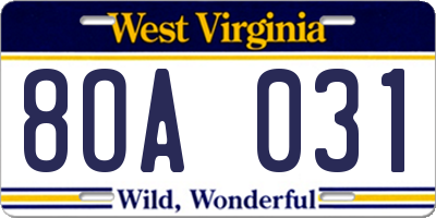 WV license plate 8OA031