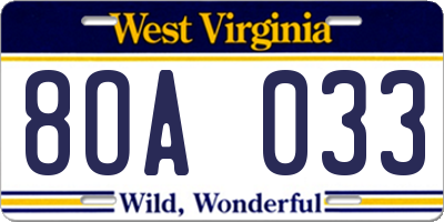 WV license plate 8OA033