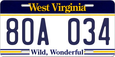 WV license plate 8OA034