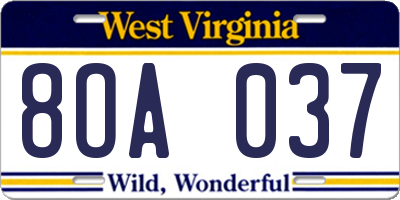 WV license plate 8OA037