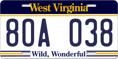 WV license plate 8OA038