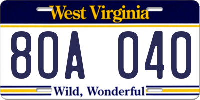 WV license plate 8OA040