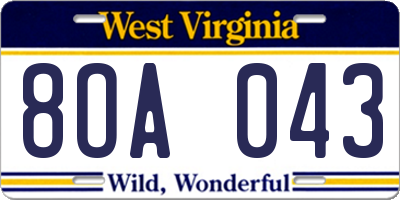 WV license plate 8OA043
