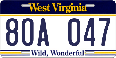 WV license plate 8OA047