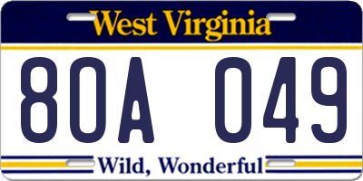 WV license plate 8OA049