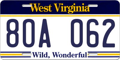 WV license plate 8OA062