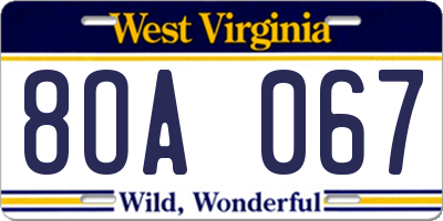 WV license plate 8OA067
