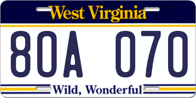 WV license plate 8OA070