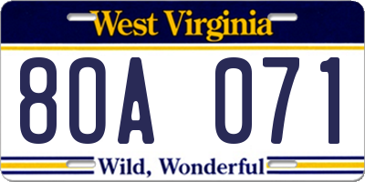WV license plate 8OA071