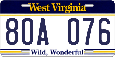 WV license plate 8OA076