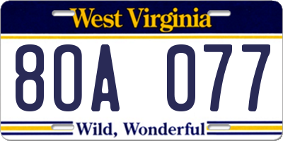 WV license plate 8OA077