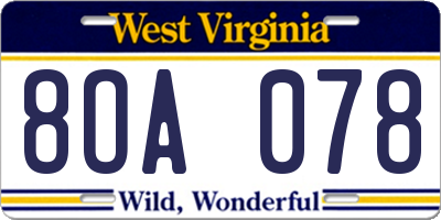WV license plate 8OA078