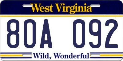 WV license plate 8OA092