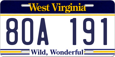 WV license plate 8OA191
