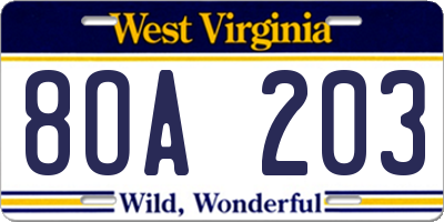 WV license plate 8OA203