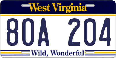 WV license plate 8OA204