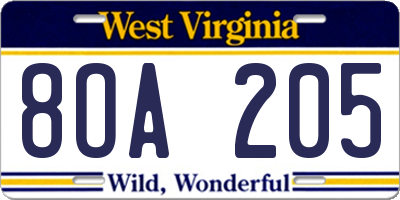 WV license plate 8OA205