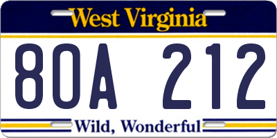 WV license plate 8OA212