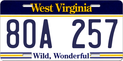 WV license plate 8OA257