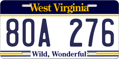 WV license plate 8OA276