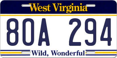 WV license plate 8OA294