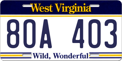 WV license plate 8OA403