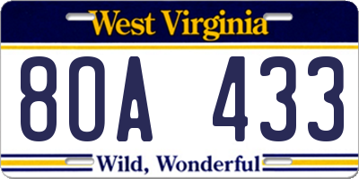WV license plate 8OA433
