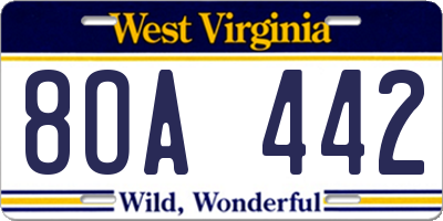 WV license plate 8OA442