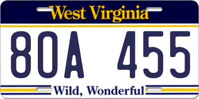 WV license plate 8OA455