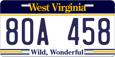 WV license plate 8OA458
