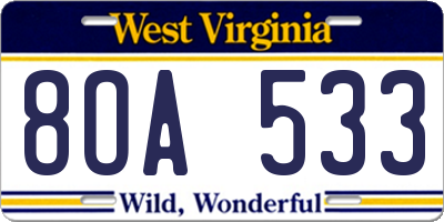 WV license plate 8OA533