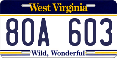WV license plate 8OA603