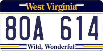 WV license plate 8OA614