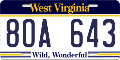 WV license plate 8OA643