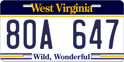 WV license plate 8OA647