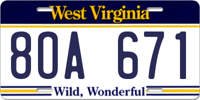 WV license plate 8OA671