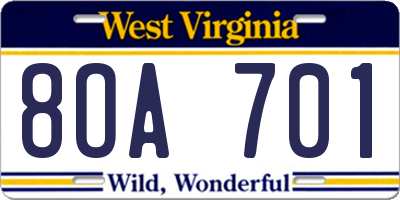 WV license plate 8OA701