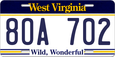 WV license plate 8OA702