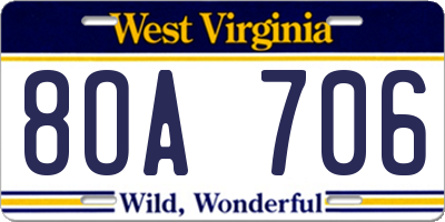 WV license plate 8OA706