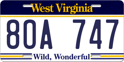 WV license plate 8OA747