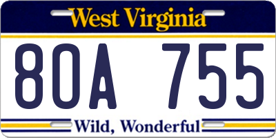 WV license plate 8OA755