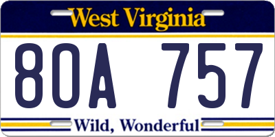 WV license plate 8OA757