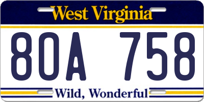 WV license plate 8OA758